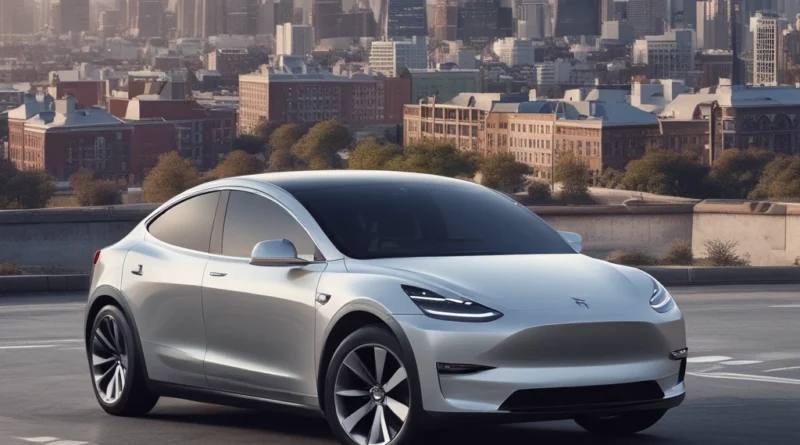 Tesla Model Y driving through a futuristic cityscape at sunset, surrounded by neon-lit skyscrapers, flying drones, and holographic billboards, symbolizing advanced technology and urban mobility.